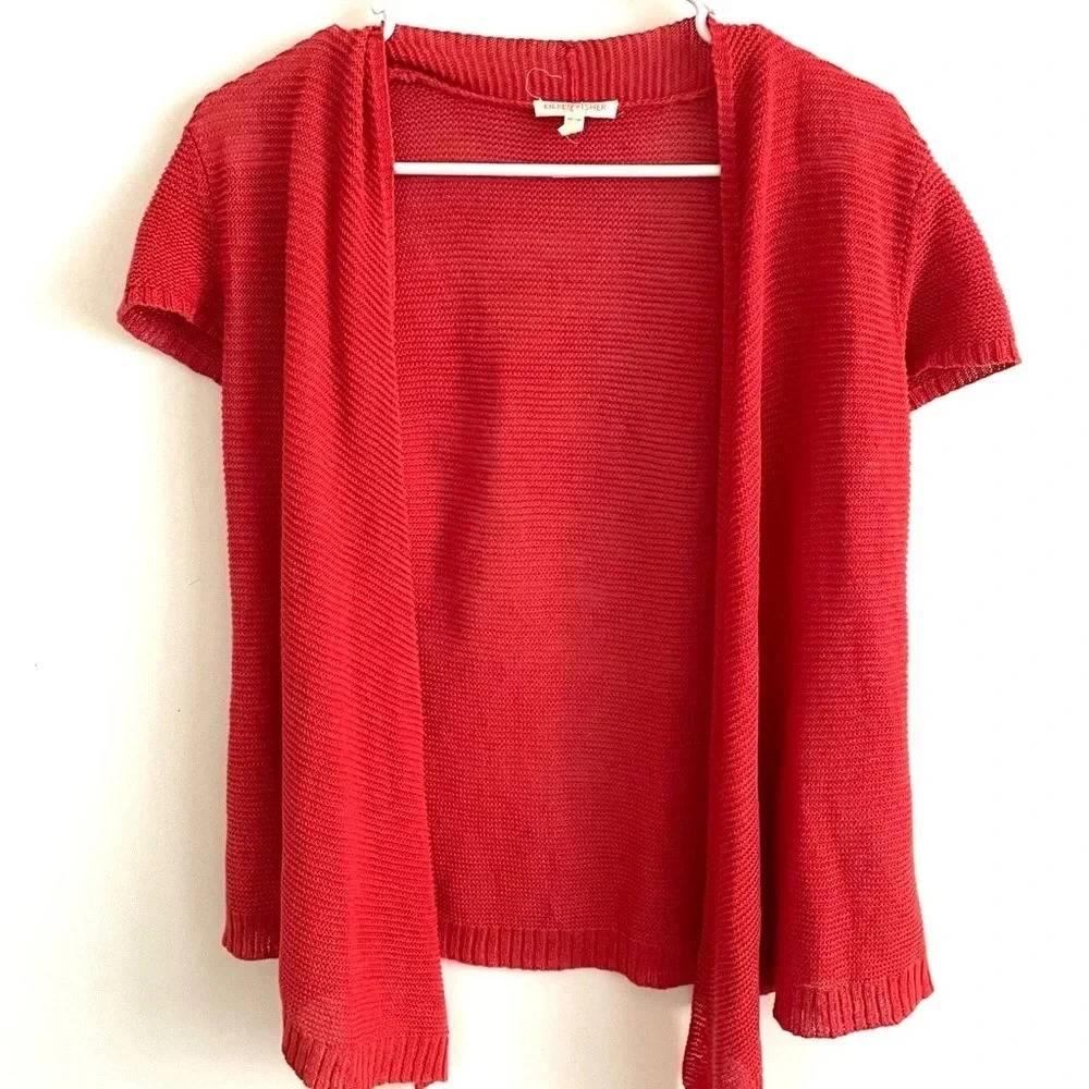 Eileen Fisher Coral XS Linen Knit Open Cardigan Short Sleeve Lightweight Sweater
